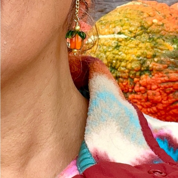 Pumpkin Fall Halloween Whimsical Orange Gold Chain Dangling Glass Earrings - Picture 4 of 14